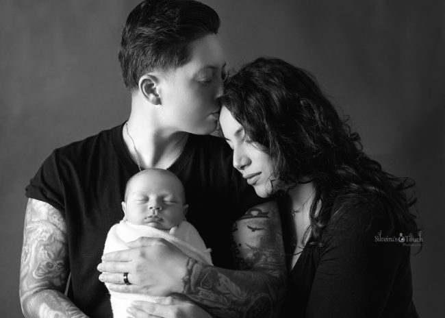 Two moms and baby boy photoshoot in black and white