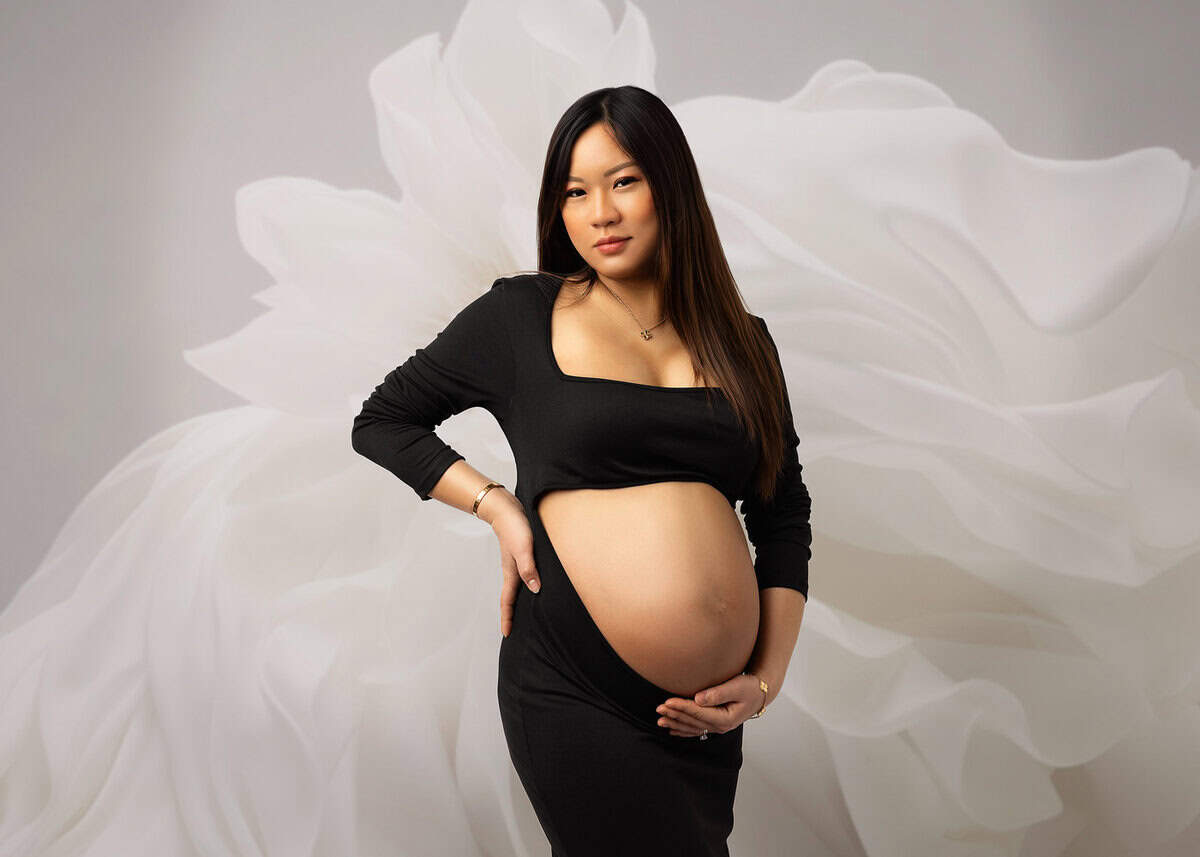 Maternity photoshoot in Chester NJ Elegant image of glowing pregnant mom in designer gown - luxury maternity pictures NJ.