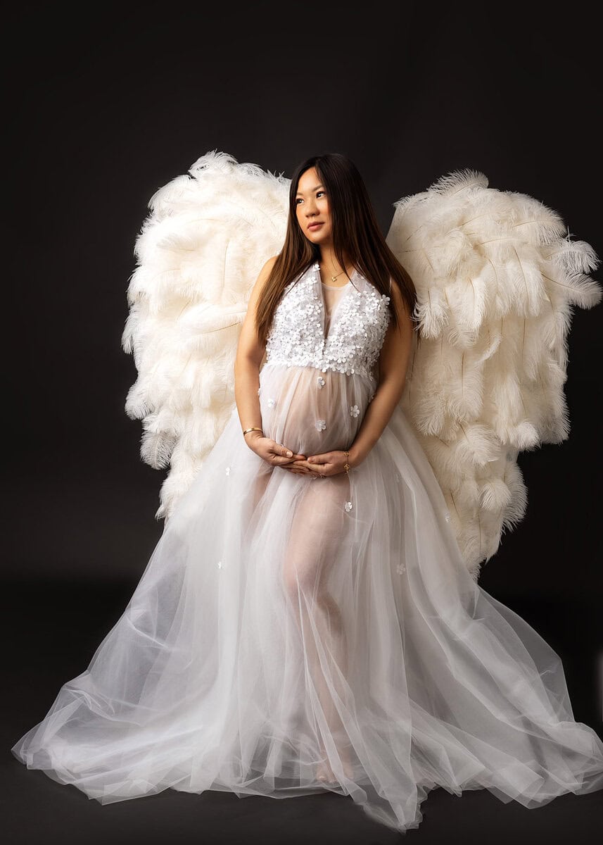 maternity photo with wing idea maternity photoshoot of mom to be with wing accesories and designer gown