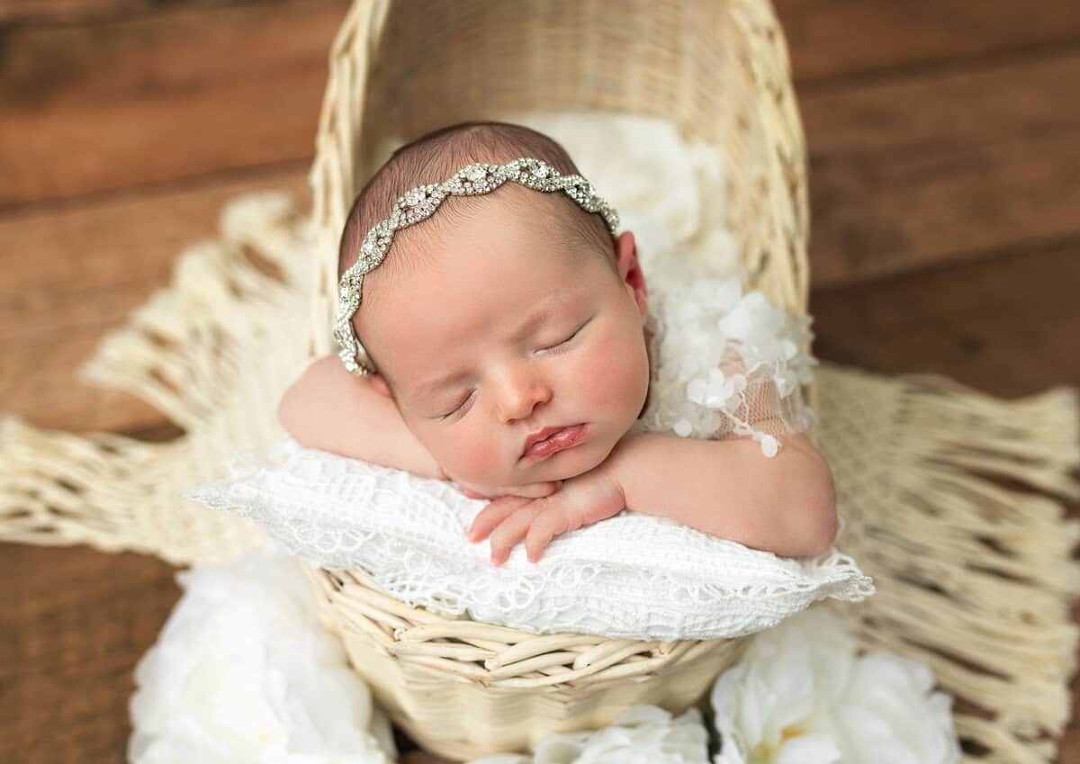 fine art newborn portrait of baby girl used in a wicker basket captured in Mount olive NJ by Silveira's Touch Photography