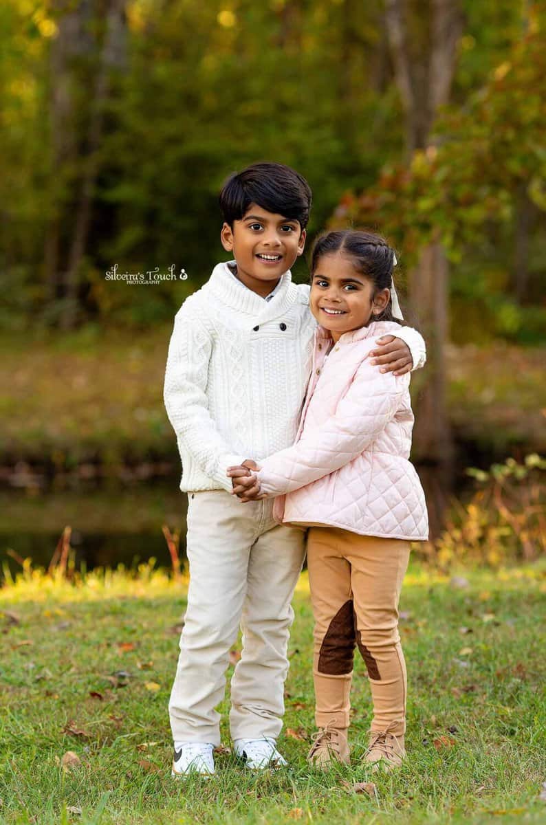 Sibling Fall Photography taken outdoor with color leaves in Stanhope NJ